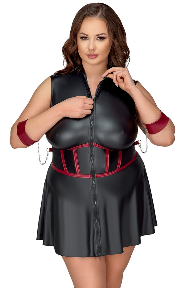 Schwarzes ärmelloses Minikleid mit Röckchen, Armfesseln und Maske in großen Größen von Cottelli BONDAGE – Ansicht 3
