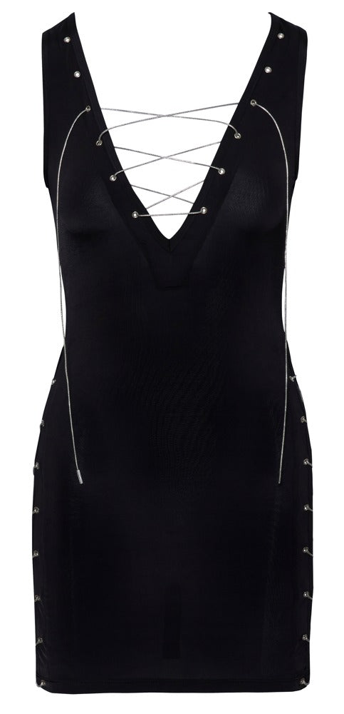 Schwarzes enges Kleid in semi-transparentem Glanz mit Schnür-Ösen und Kordel von Cottelli PARTY – Ansicht 7