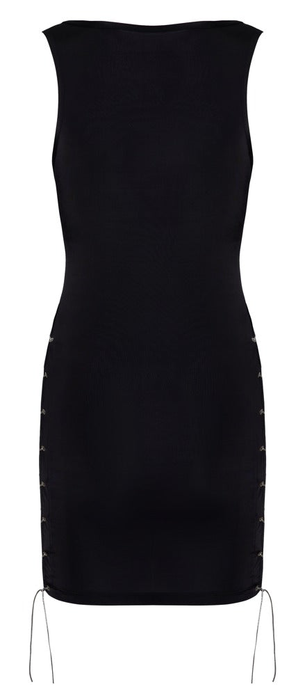 Schwarzes enges Kleid in semi-transparentem Glanz mit Schnür-Ösen und Kordel von Cottelli PARTY – Ansicht 8