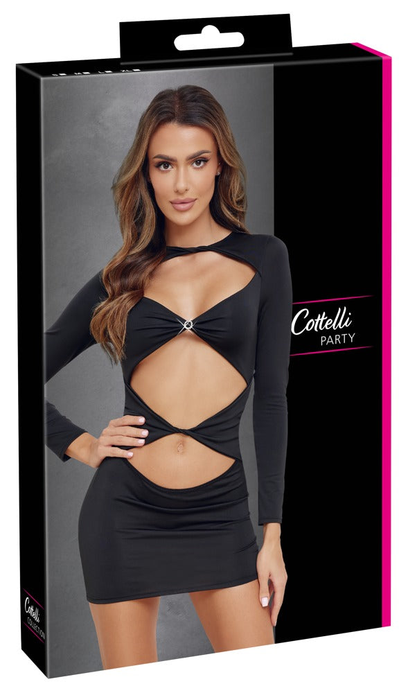 Schwarzes enges Langarm-Kleid mit gedrehten Cut-outs und Strassring von Cottelli PARTY