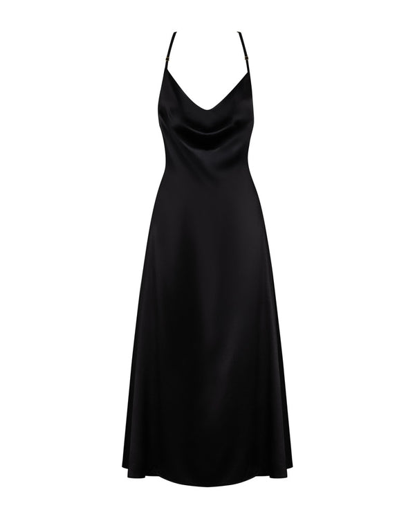 Schwarzes elegantes Kleid in Satin Optik mit feiner Spitze von Obsessive – Ansicht 3