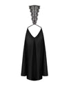 Schwarzes elegantes Kleid in Satin Optik mit feiner Spitze von Obsessive – Ansicht 4