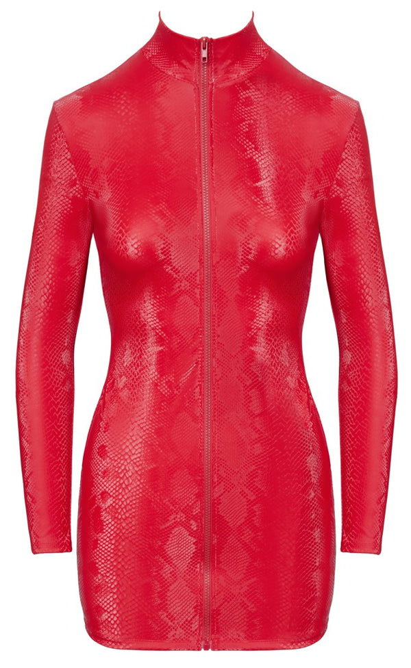 Rotes extrakurzes Kleid in Schlangenhaut-Optik mit Reißverschluss und Stehkragen von Cottelli PARTY – Ansicht 6