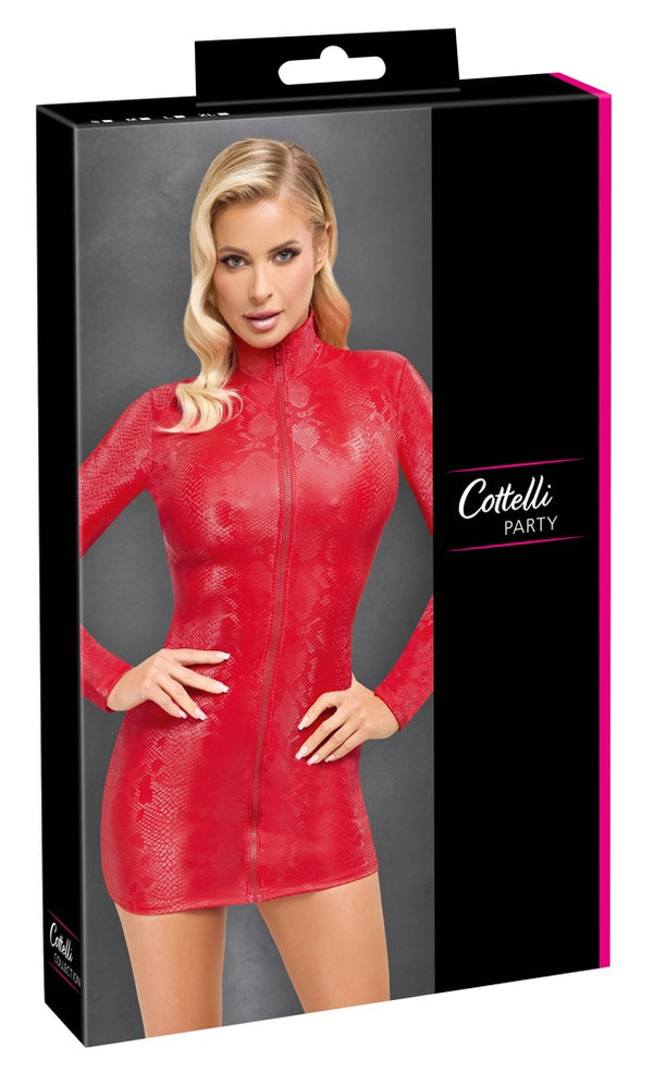 Rotes extrakurzes Kleid in Schlangenhaut-Optik mit Reißverschluss und Stehkragen von Cottelli PARTY