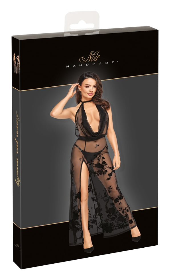 Langes transparentes Netzkleid mit Samtkragen und Beinschlitz von Noir Handmade – Ansicht 5