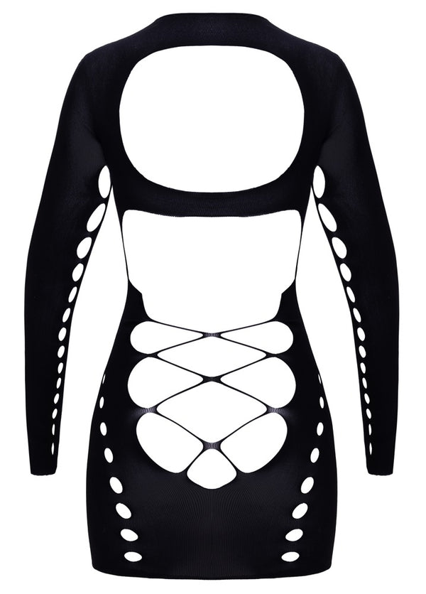 Schwarzes enges Langarm-Minikleid mit zahlreichen Cut-outs von Fantasy by Cottelli – Ansicht 7