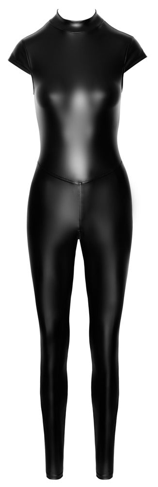 Schwarzer hautenger Powerwetlook Overall mit offener Rückenschnürung von Noir – Ansicht 7