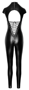 Schwarzer hautenger Powerwetlook Overall mit offener Rückenschnürung von Noir – Ansicht 8