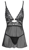 Schwarzes kurzes Babydoll aus Powernet mit Spitzen-Cups und Goldring von Cottelli – Ansicht 5