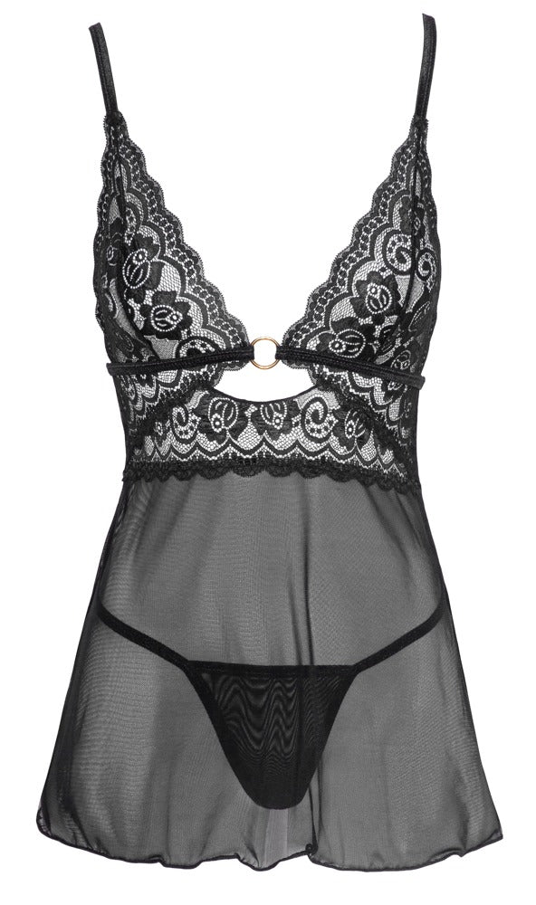 Schwarzes kurzes Babydoll aus Powernet mit Spitzen-Cups und Goldring von Cottelli – Ansicht 5