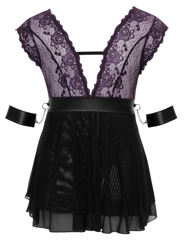 Lila Babydoll-Set aus Blütenspitze mit Halsband und Armfesseln in großen Größen von Cottelli BONDAGE – Ansicht 7