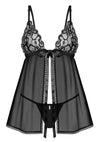 Schwarz-transparentes Set Blomentis mit extrakurzem Babydoll und String von Obsessive – Ansicht 5