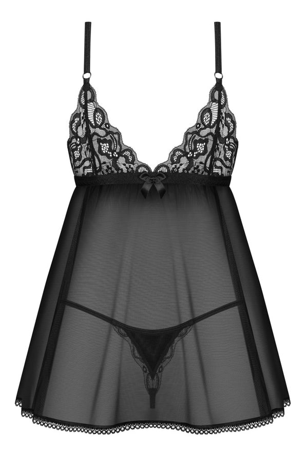 Schwarz-transparentes Set Blomentis mit extrakurzem Babydoll und String von Obsessive – Ansicht 6