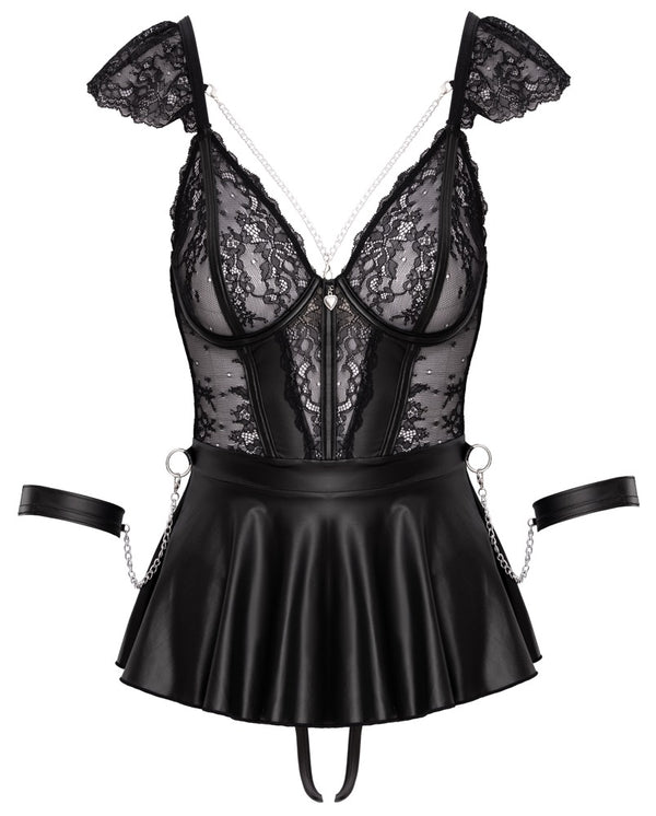 Schwarzes verführerisches Spitzen Negligé Set mit Handschellen und Ketten von Cottelli BONDAGE – Ansicht 6