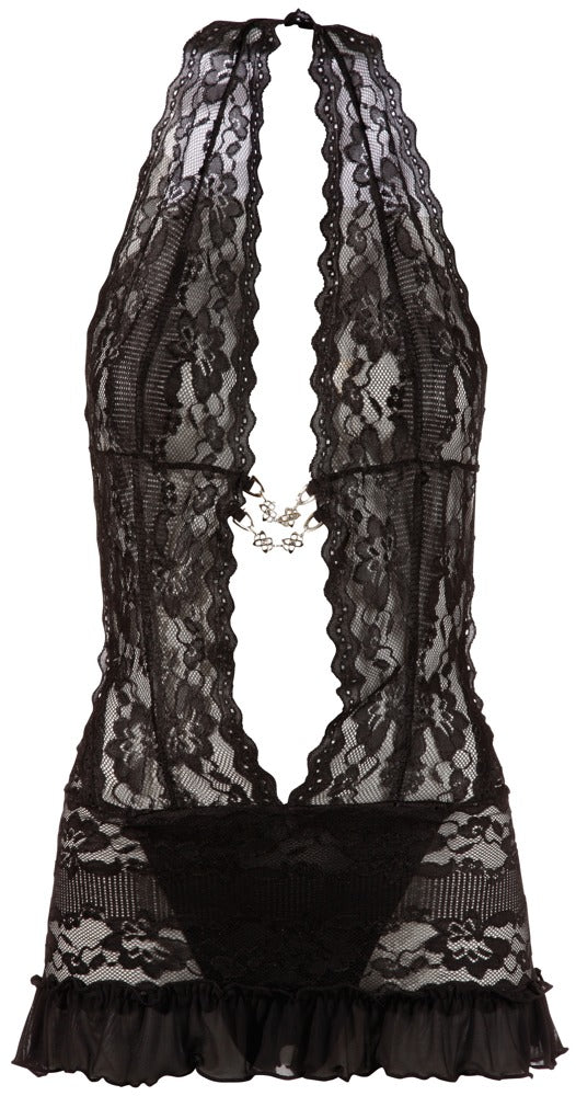 Schwarzes Dessouskleid aus floraler Spitze mit Neckholder und Zierketten von Cottelli – Ansicht 5