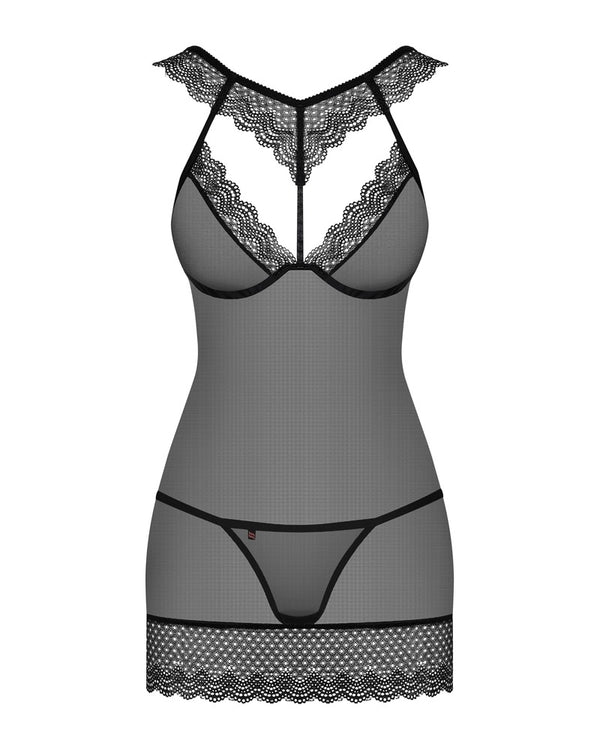 Schwarzes elegantes Dessouskleid mit feinem Spitzenkragen und Formdetails von Obsessive – Ansicht 3