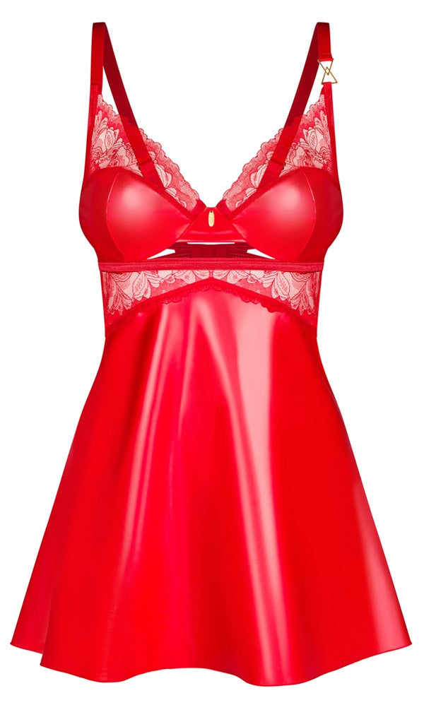 Rotes Set Aliosa mit kurzem Negligé und String im Glanz-Look von Obsessive – Ansicht 5