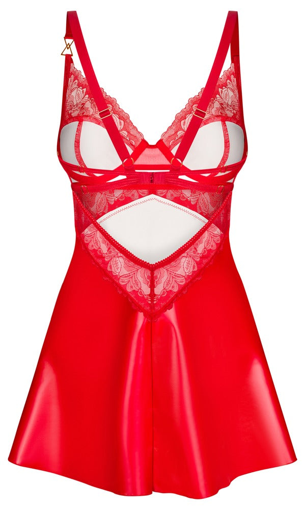 Rotes Set Aliosa mit kurzem Negligé und String im Glanz-Look von Obsessive – Ansicht 6