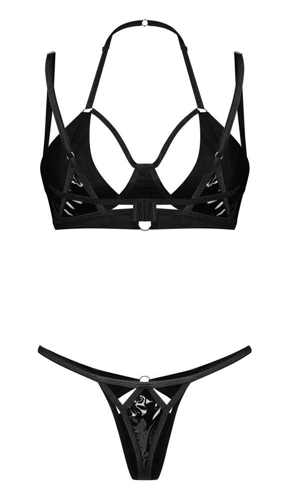Schwarzes Lack-Set Keira Lise mit BH und String und silberfarbenen Ringen von Obsessive – Ansicht 4