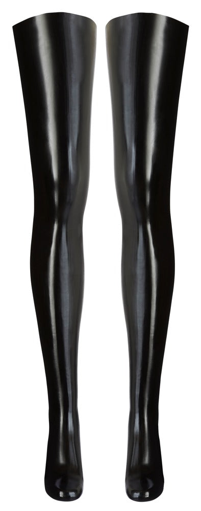 Schwarze oberschenkellange Strümpfe aus glänzendem Latex von Late X – Ansicht 5