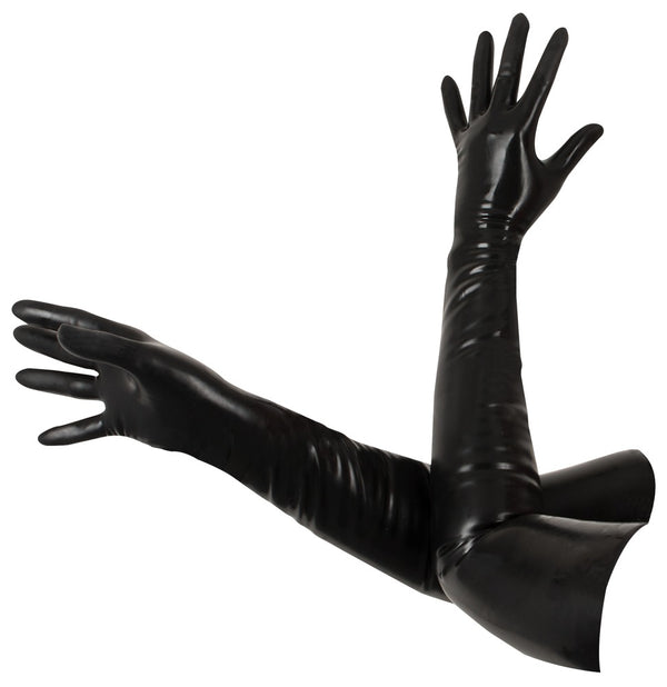 Schwarze ellbogenlange Handschuhe aus glänzendem Latex von Late X – Ansicht 5
