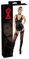 Schwarzes tailliertes Latex-Strapshemd mit Front-Reißverschluss und Strapshaltern von Late X