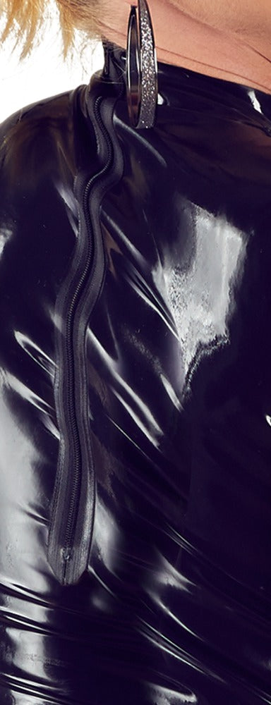Schwarzes ärmelloses Latex-Minikleid mit Stehkragen und Rücken-Reißverschluss von Late X – Ansicht 5