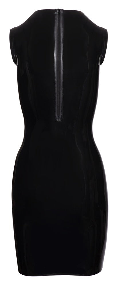Schwarzes ärmelloses Latex-Minikleid mit Stehkragen und Rücken-Reißverschluss von Late X – Ansicht 7
