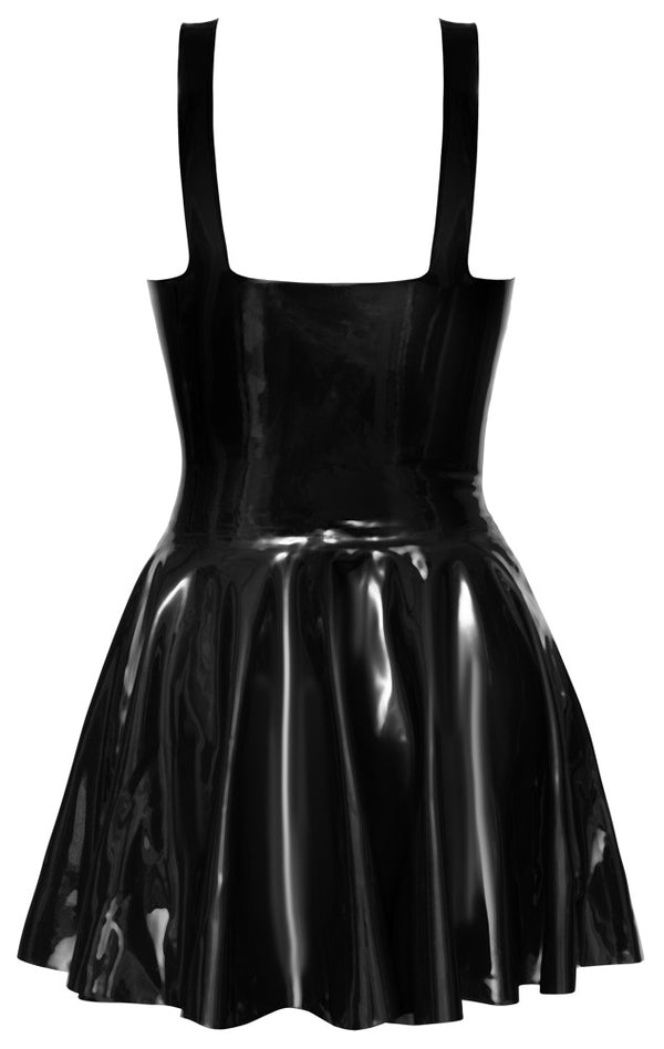 Schwarzes tailliertes Latex-Minikleid mit schmalen Trägern und Swing-Rock von Late X – Ansicht 8