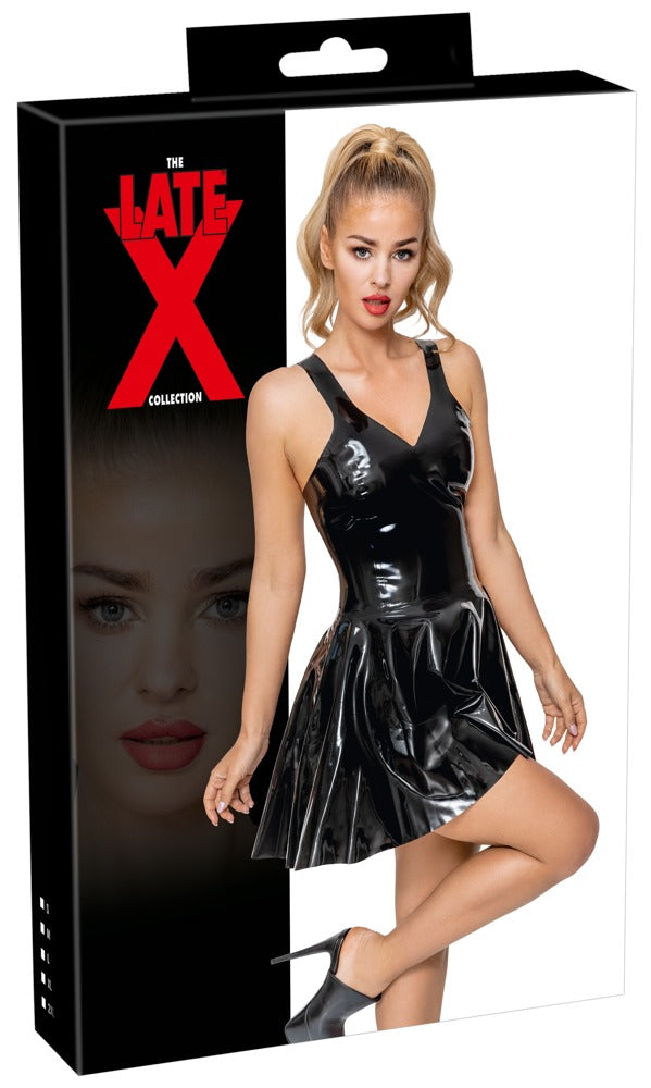 Schwarzes tailliertes Latex-Minikleid mit schmalen Trägern und Swing-Rock von Late X