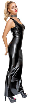 Schwarzes tailliertes Latex-Kleid in Maxi-Länge mit schmalen Trägern von Late X – Ansicht 4