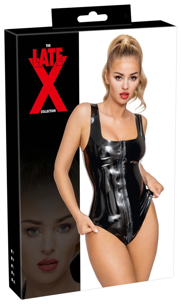 Schwarzer Latex-Body mit Karree-Ausschnitt und 2-Wege-Reißverschluss von Late X