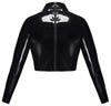 Schwarzes bauchfreies Latex-Shirt mit Cut-out, Stehkragen und langen Ärmeln von Late X – Ansicht 6