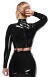 Schwarzes bauchfreies Latex-Shirt mit Cut-out, Stehkragen und langen Ärmeln von Late X – Ansicht 4