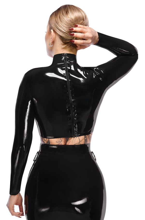 Schwarzes bauchfreies Latex-Shirt mit Cut-out, Stehkragen und langen Ärmeln von Late X – Ansicht 4