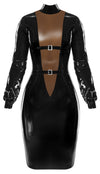 Schwarzes enges Latex-Kleid mit hohem Stehkragen und tiefem V-Einsatz von Late X – Ansicht 8