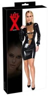 Schwarzes enges Latex-Kleid mit hohem Stehkragen und tiefem V-Einsatz von Late X