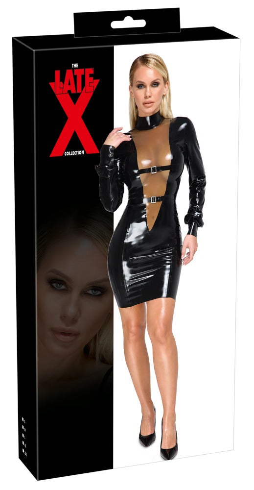 Schwarzes enges Latex-Kleid mit hohem Stehkragen und tiefem V-Einsatz von Late X