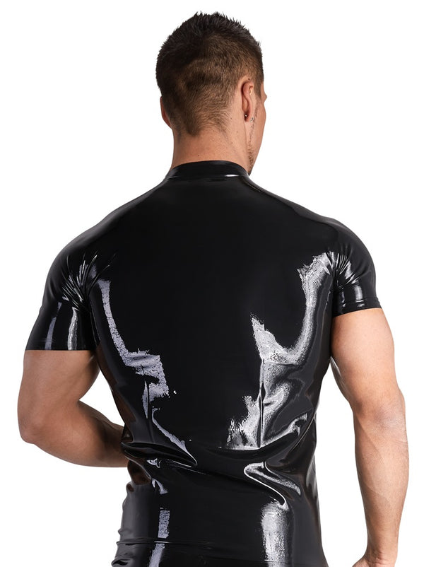 Schwarzes hautenges Latex-Shirt mit Stehkragen und Front-Reißverschluss von Late X – Ansicht 3