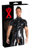 Schwarzes hautenges Latex-Shirt mit Stehkragen und Front-Reißverschluss von Late X