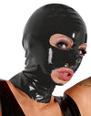 Schwarze Latex-Kopfmaske mit Öffnungen für Mund und Augen von Late X – Ansicht 2