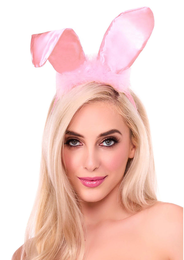 Pinker verspielter Haarreif mit biegsamen Satin Hasenohren und Marabubesatz von Leg Avenue