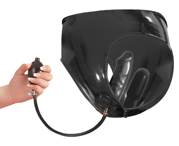 Schwarzer Latex-Slip mit aufpumpbarem Doppel-Dildo von Late X – Ansicht 5