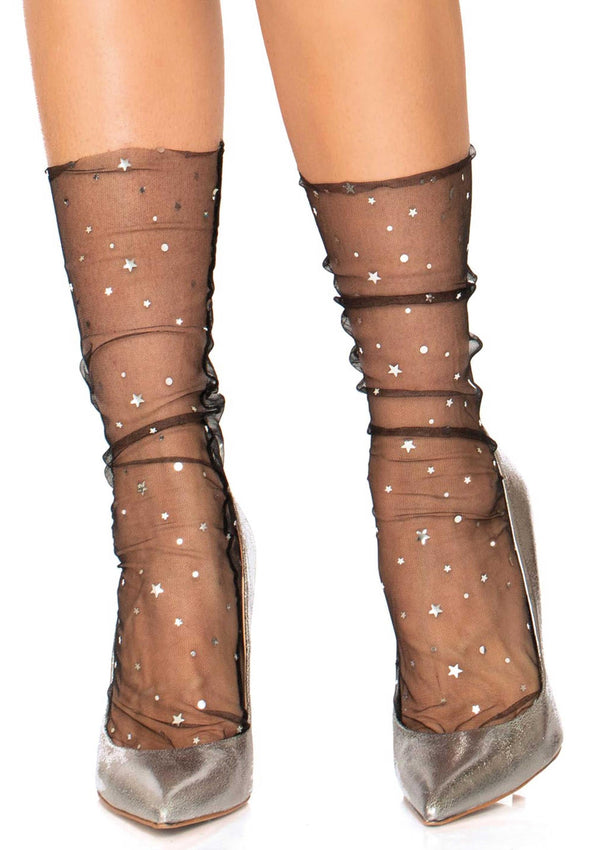 Schwarze transparente Tüllsocken mit verspieltem Sternen und Mondmuster von Leg Avenue