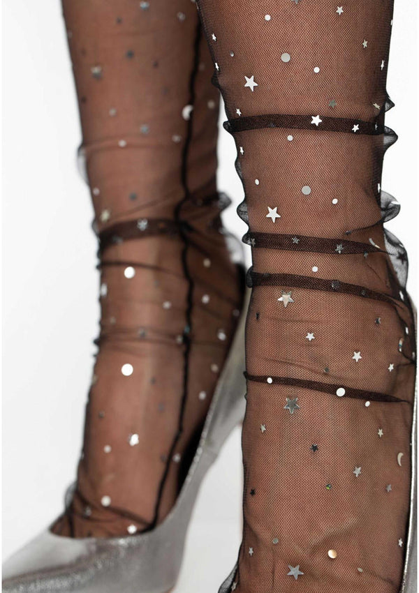 Schwarze transparente Tüllsocken mit verspieltem Sternen und Mondmuster von Leg Avenue – Ansicht 3