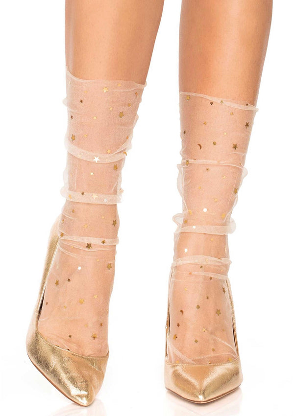 Cremefarbene transparente Socken mit funkelnden Sternen und Monden von Leg Avenue