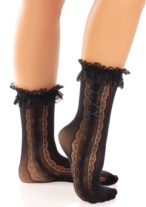 Schwarzes verspieltes Spitzensocken Paar mit verführerischen Schleifendetails von Leg Avenue – Ansicht 2