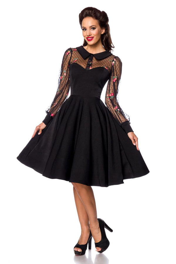 Kleid hochgeschlossen im Vintage-Stil mit Tellerrock & Umlegekragen schwarz/bunt