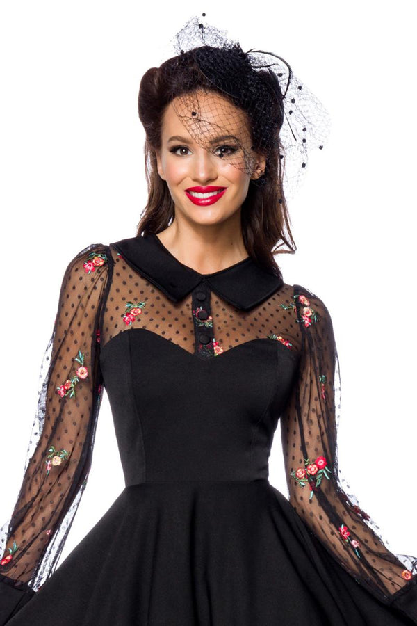 Kleid hochgeschlossen im Vintage-Stil mit Tellerrock & Umlegekragen schwarz/bunt