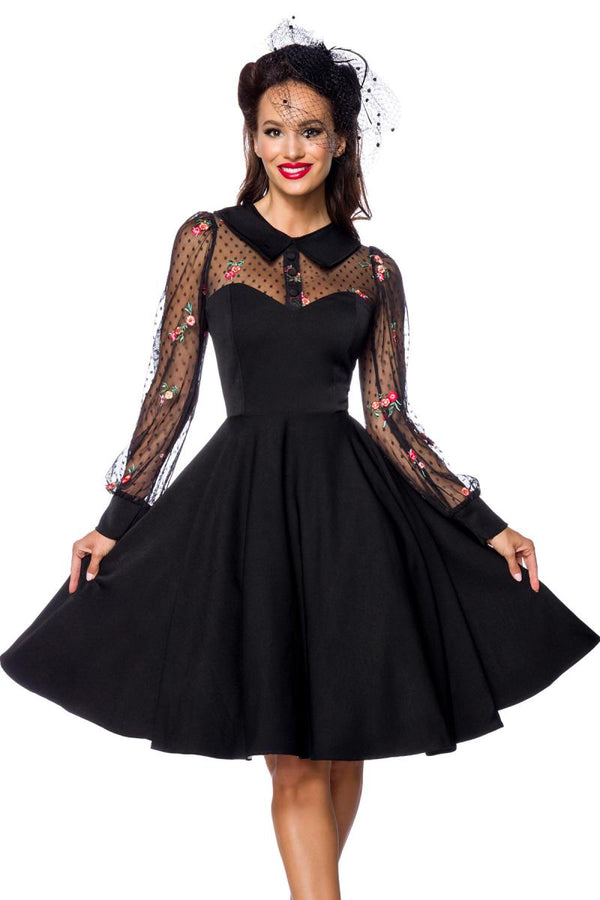 Kleid hochgeschlossen im Vintage-Stil mit Tellerrock & Umlegekragen schwarz/bunt
